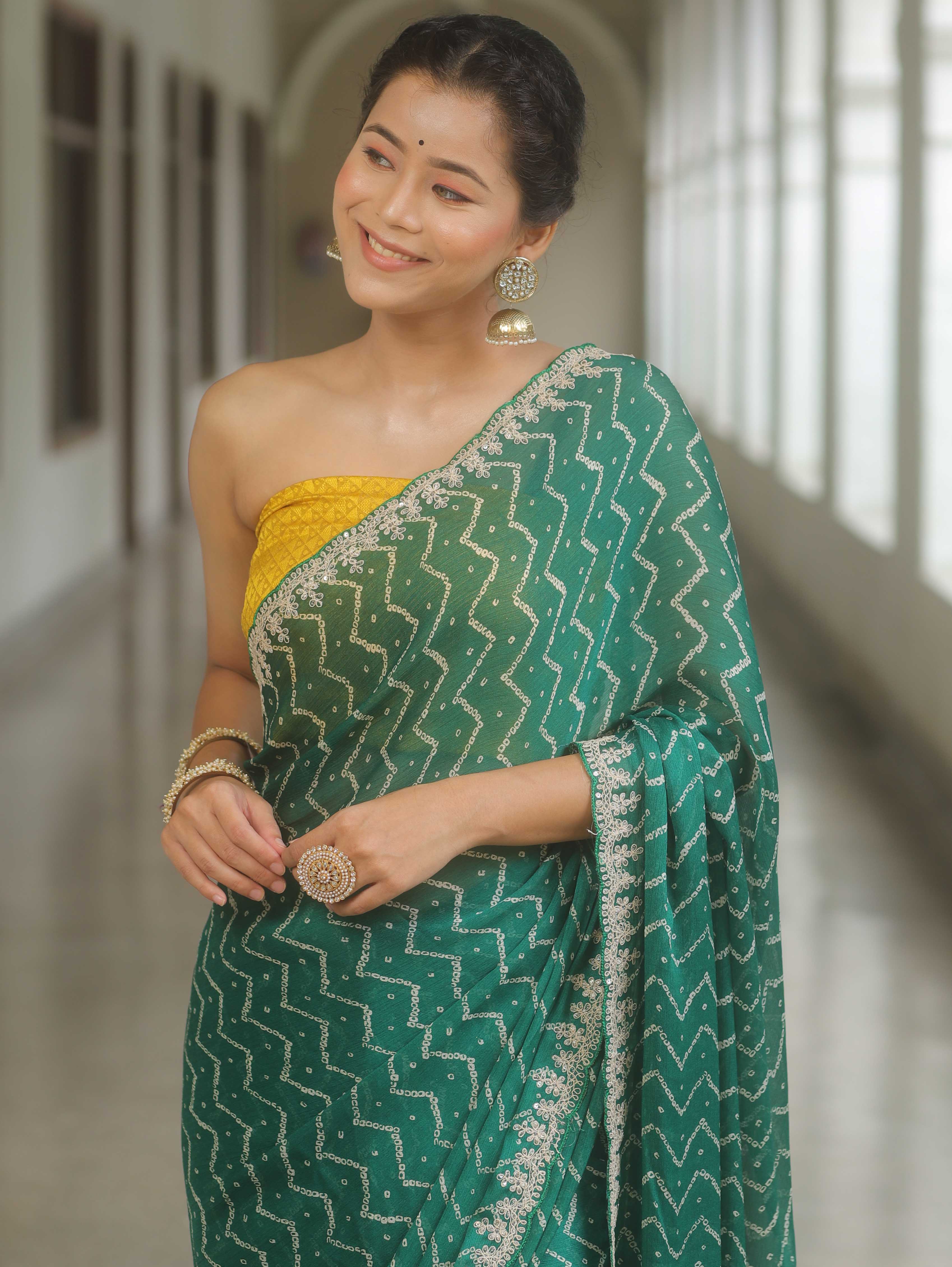 Banarasee Chiffon Bandhani Print Saree & Hand Work With Contrast Blouse-Green