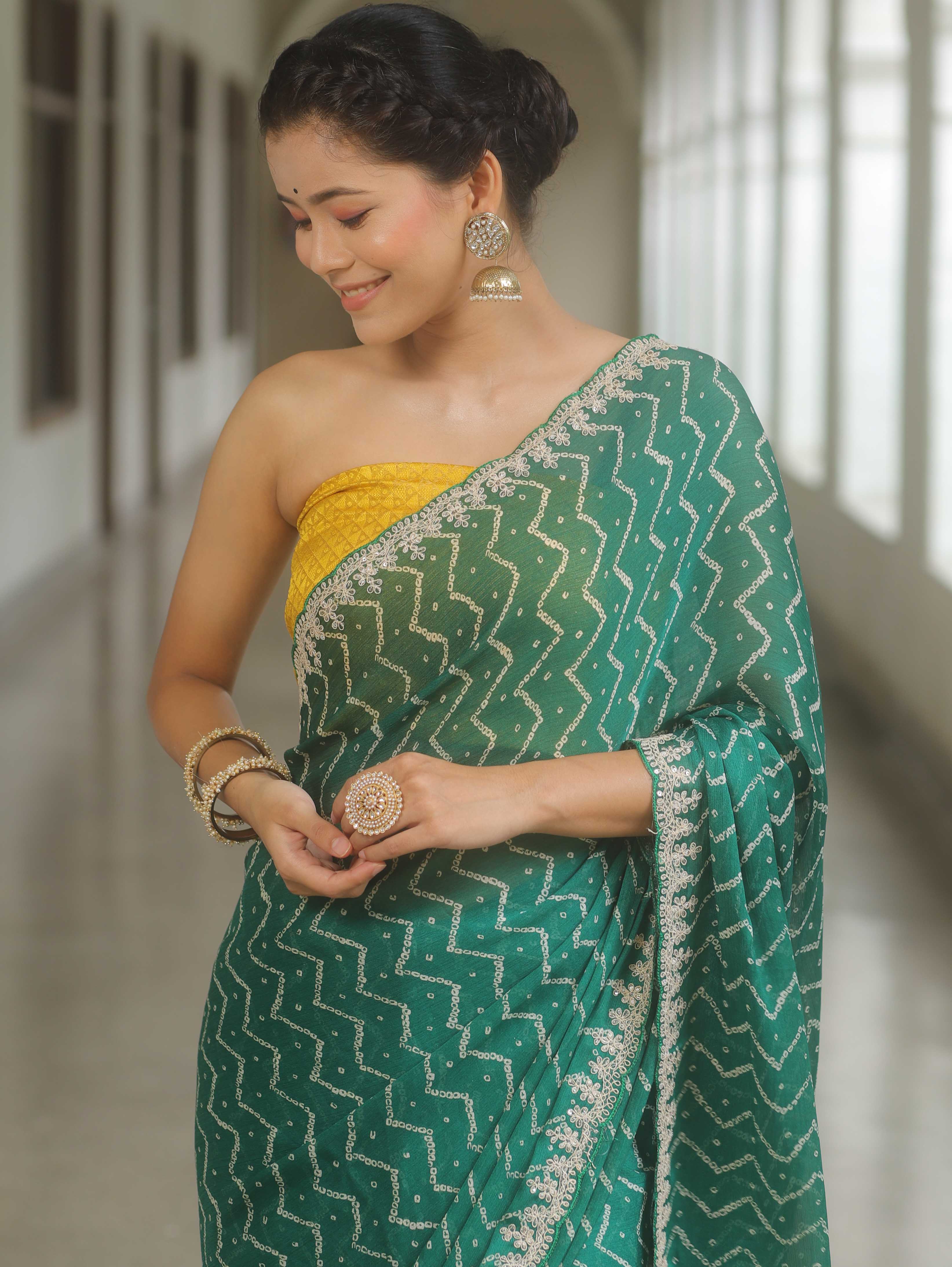 Banarasee Chiffon Bandhani Print Saree & Hand Work With Contrast Blouse-Green