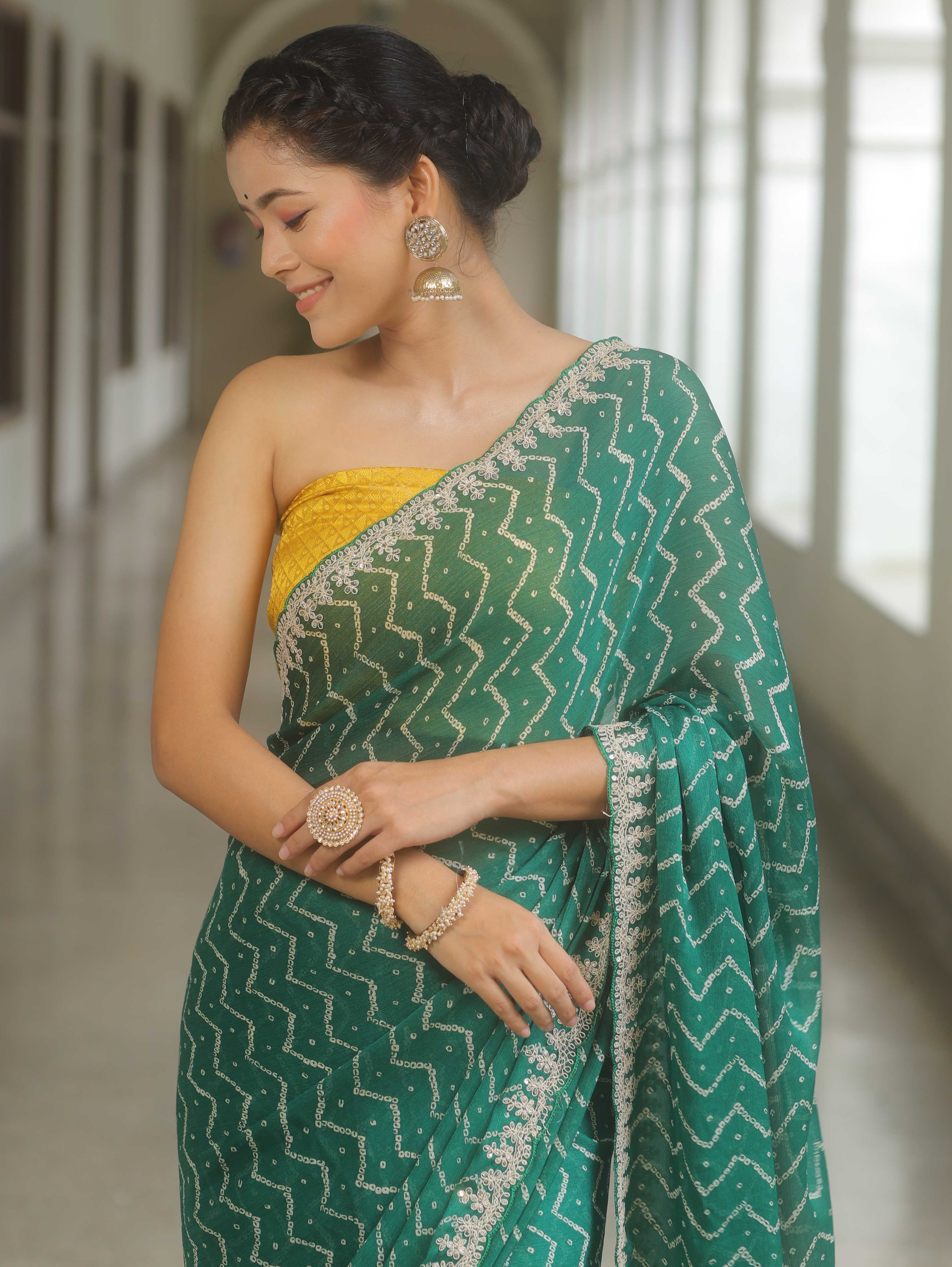 Banarasee Chiffon Bandhani Print Saree & Hand Work With Contrast Blouse-Green