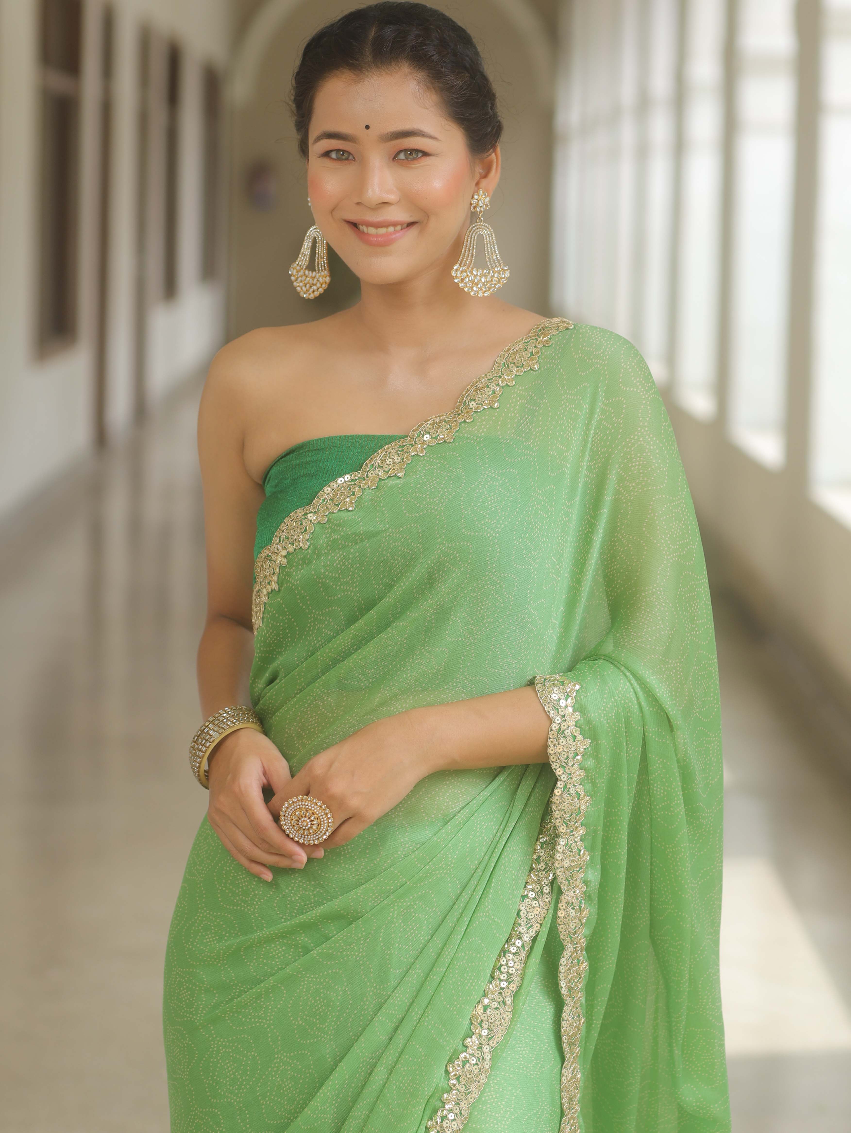 Banarasee Chiffon Bandhani Print Saree & Hand Work With Contrast Blouse-Light Green