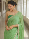 Banarasee Chiffon Bandhani Print Saree & Hand Work With Contrast Blouse-Light Green