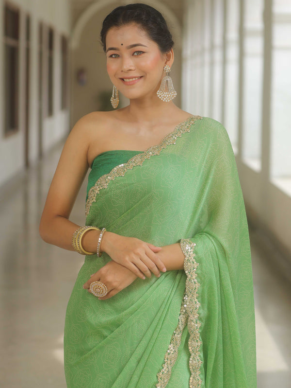 Banarasee Chiffon Bandhani Print Saree & Hand Work With Contrast Blouse-Light Green