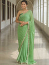 Banarasee Chiffon Bandhani Print Saree & Hand Work With Contrast Blouse-Light Green