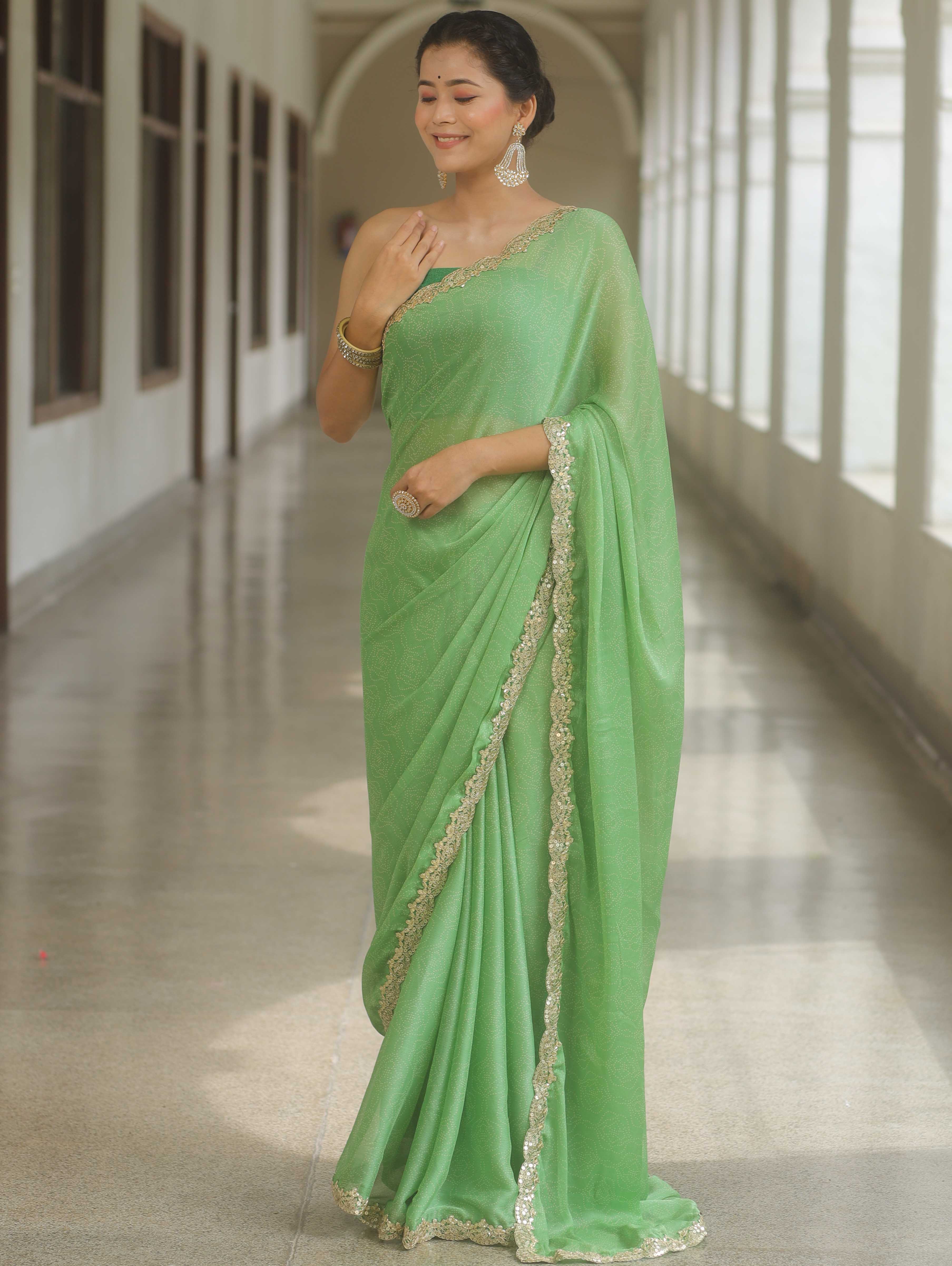 Banarasee Chiffon Bandhani Print Saree & Hand Work With Contrast Blouse-Light Green