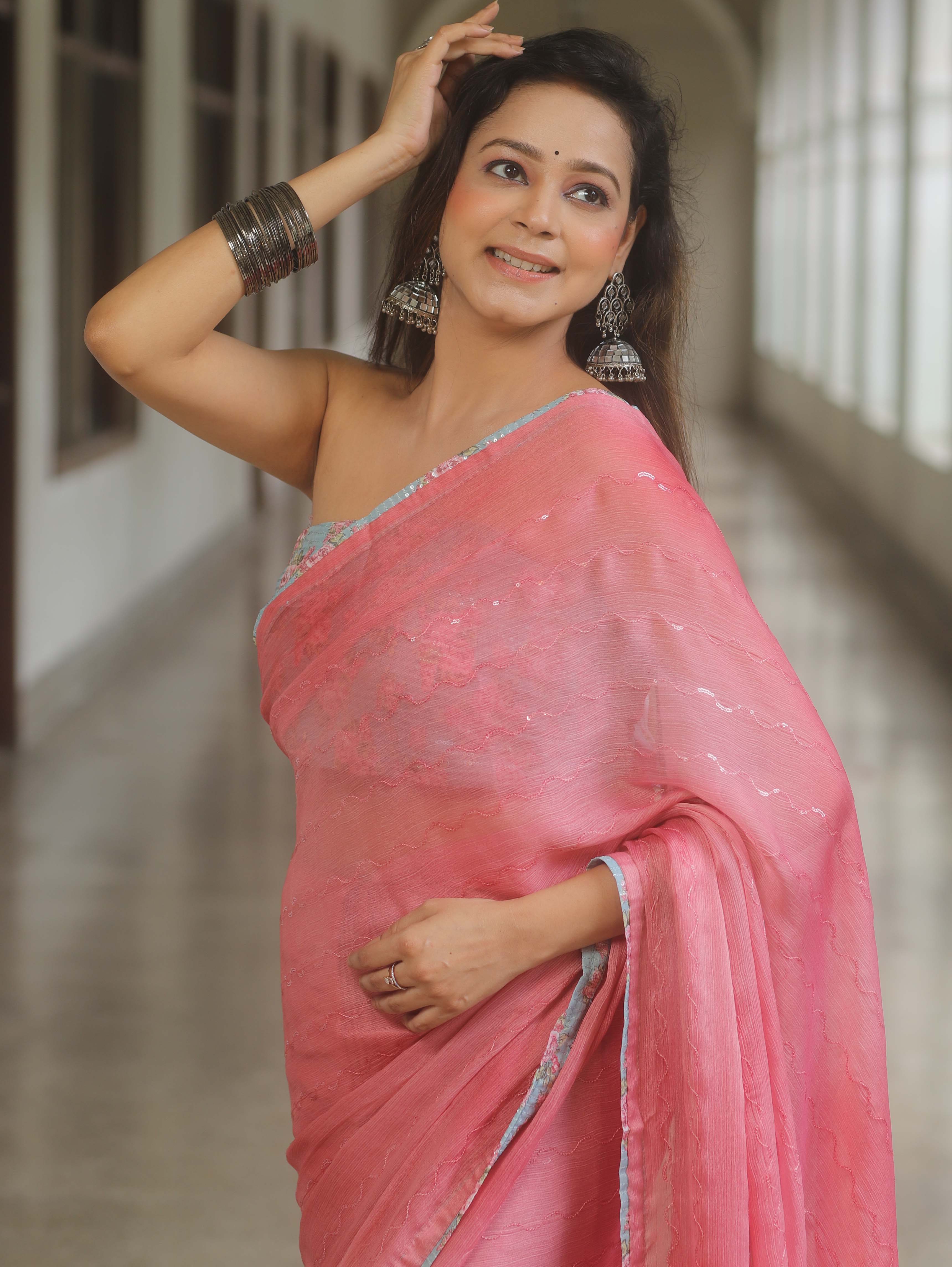 Banarasee Chiffon Saree Sequins Work With Contrast Blouse-Pink