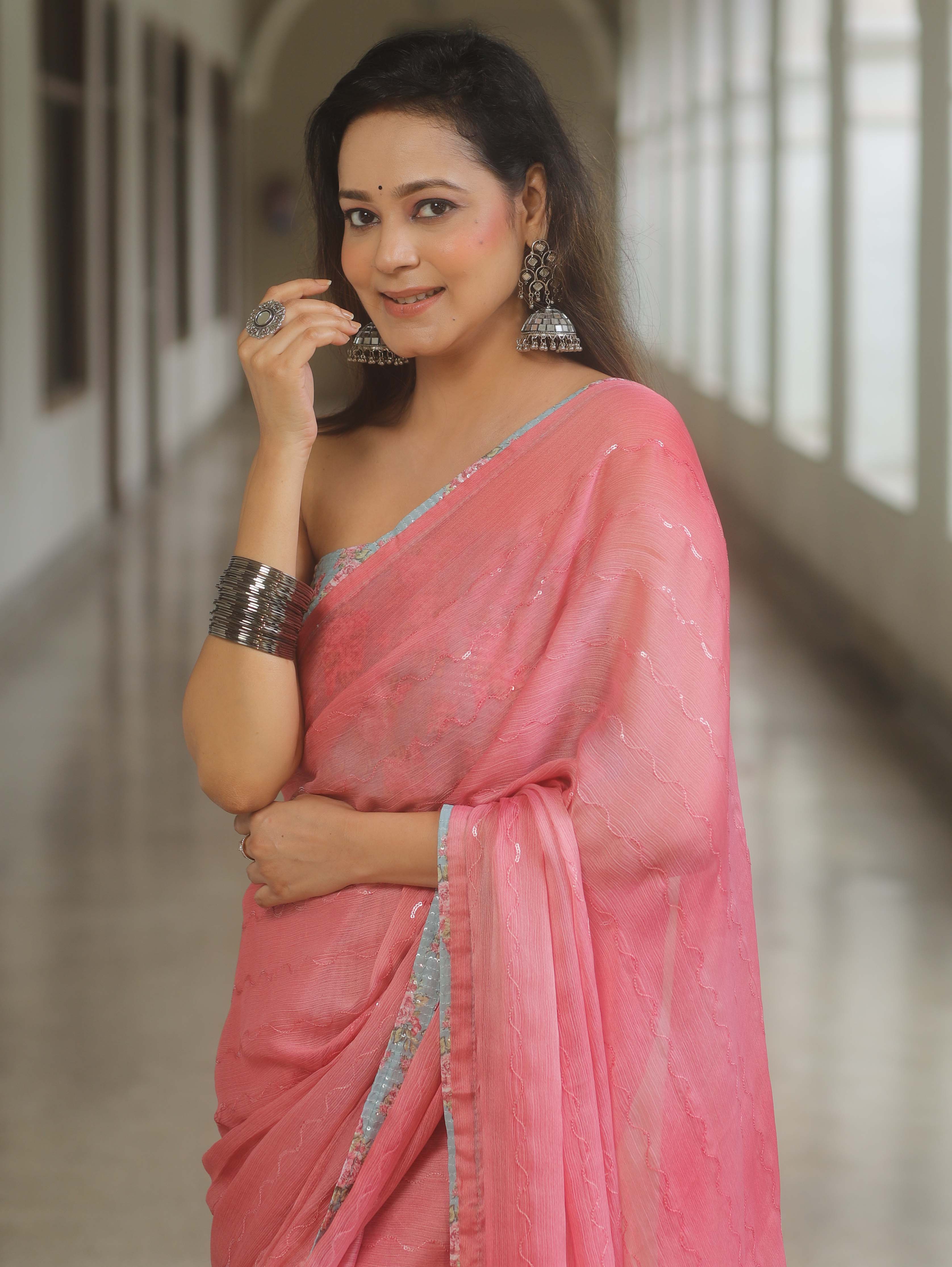 Banarasee Chiffon Saree Sequins Work With Contrast Blouse-Pink