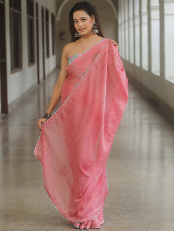 Banarasee Chiffon Saree Sequins Work With Contrast Blouse-Pink