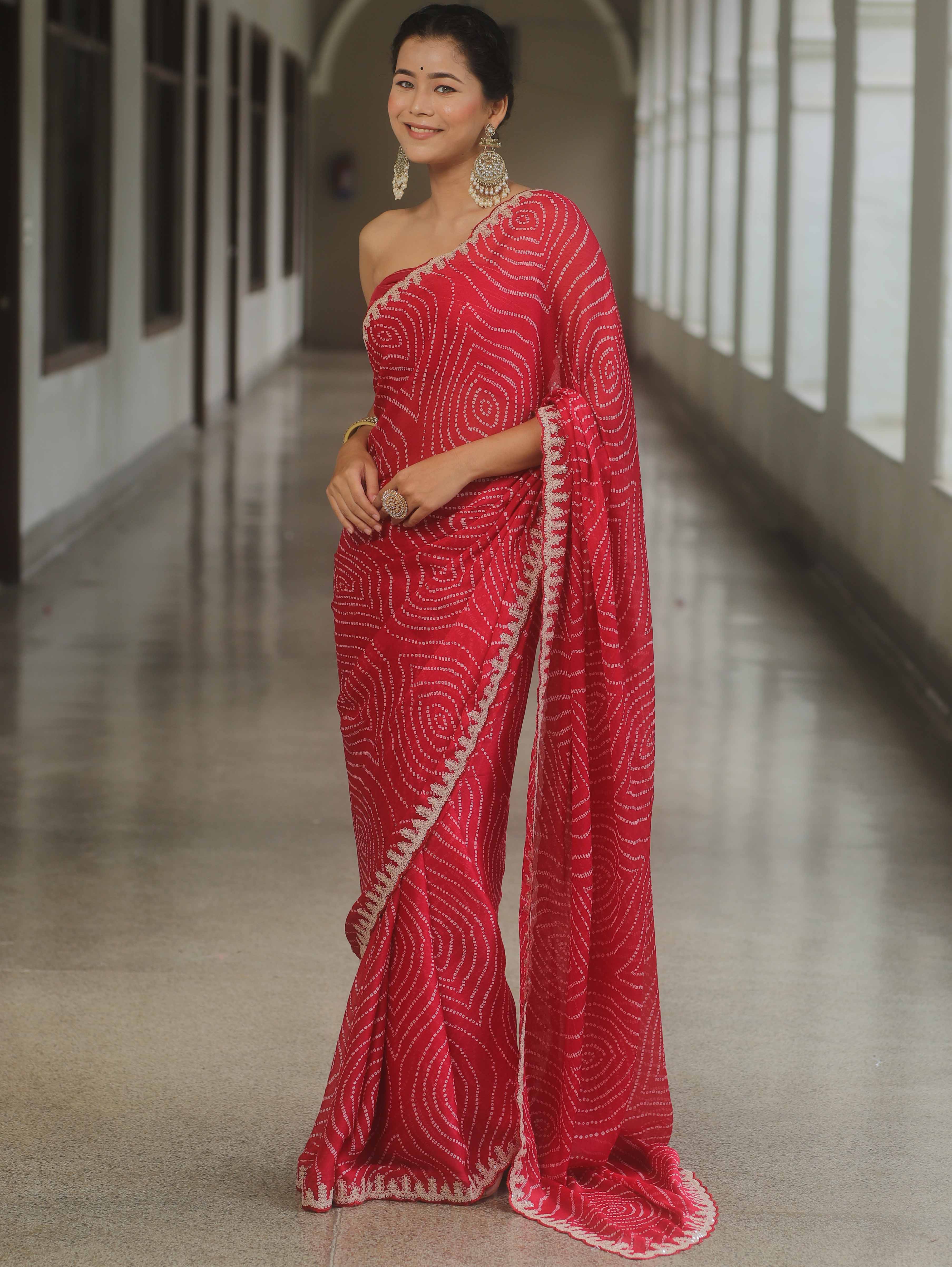 Banarasee Chiffon Embroidered With Bandhani Print Saree-Red