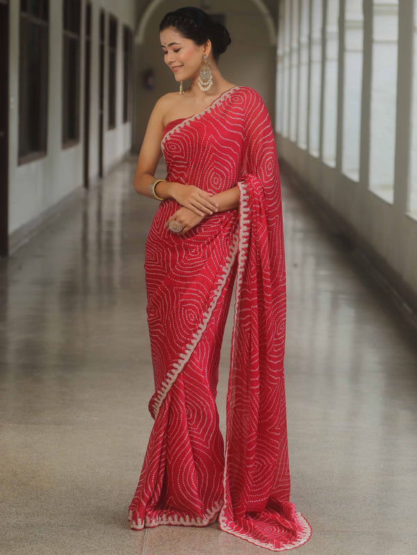 Banarasee Chiffon Embroidered With Bandhani Print Saree-Red