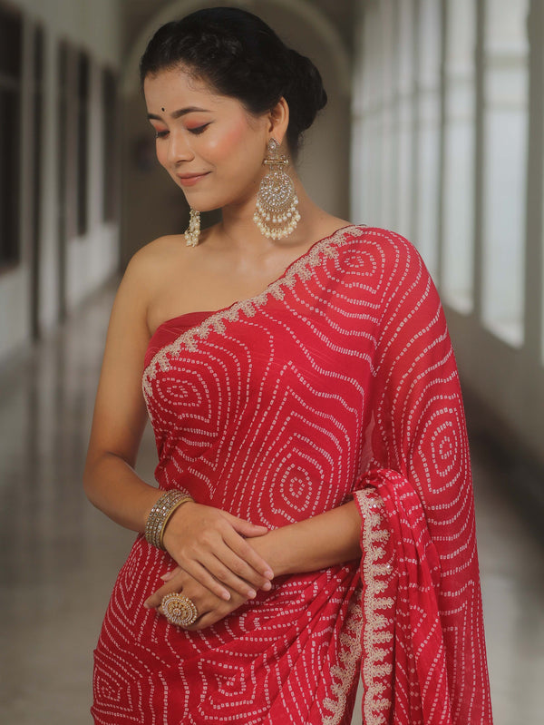 Banarasee Chiffon Embroidered With Bandhani Print Saree-Red