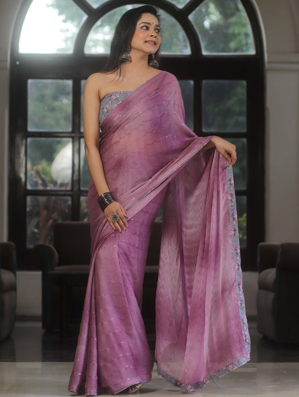 Banarasee Chiffon Saree Sequins Work With Contrast Blouse-Lavender