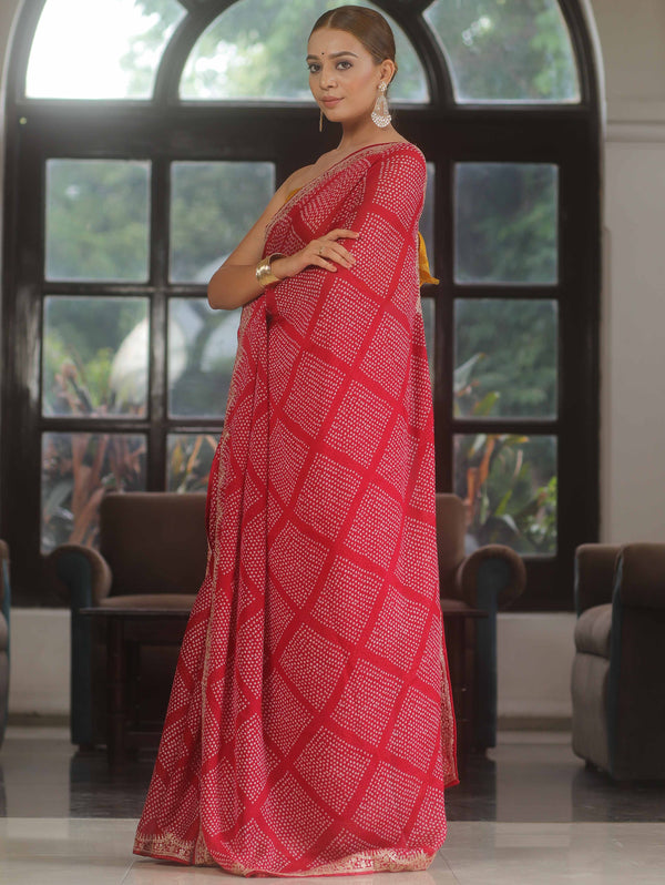 Banarasee Chiffon Bandhani Print Saree & Hand Work With Contrast Blouse-Red