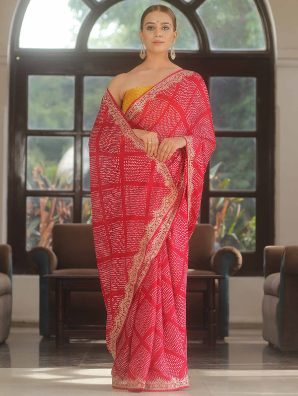 Banarasee Chiffon Bandhani Print Saree & Hand Work With Contrast Blouse-Red