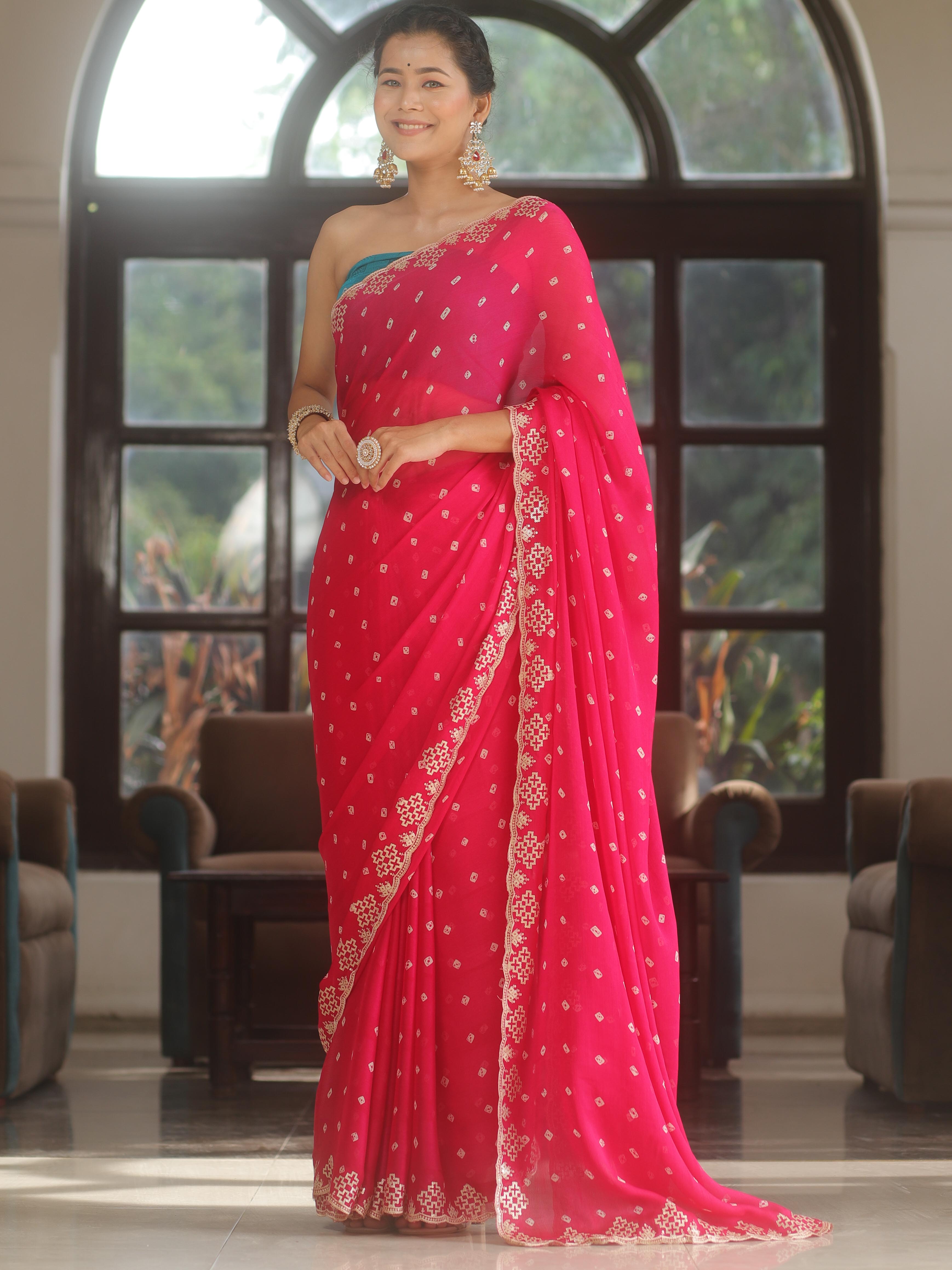 Banarasee Chiffon Saree Sequins Work With Contrast Blouse-Pink