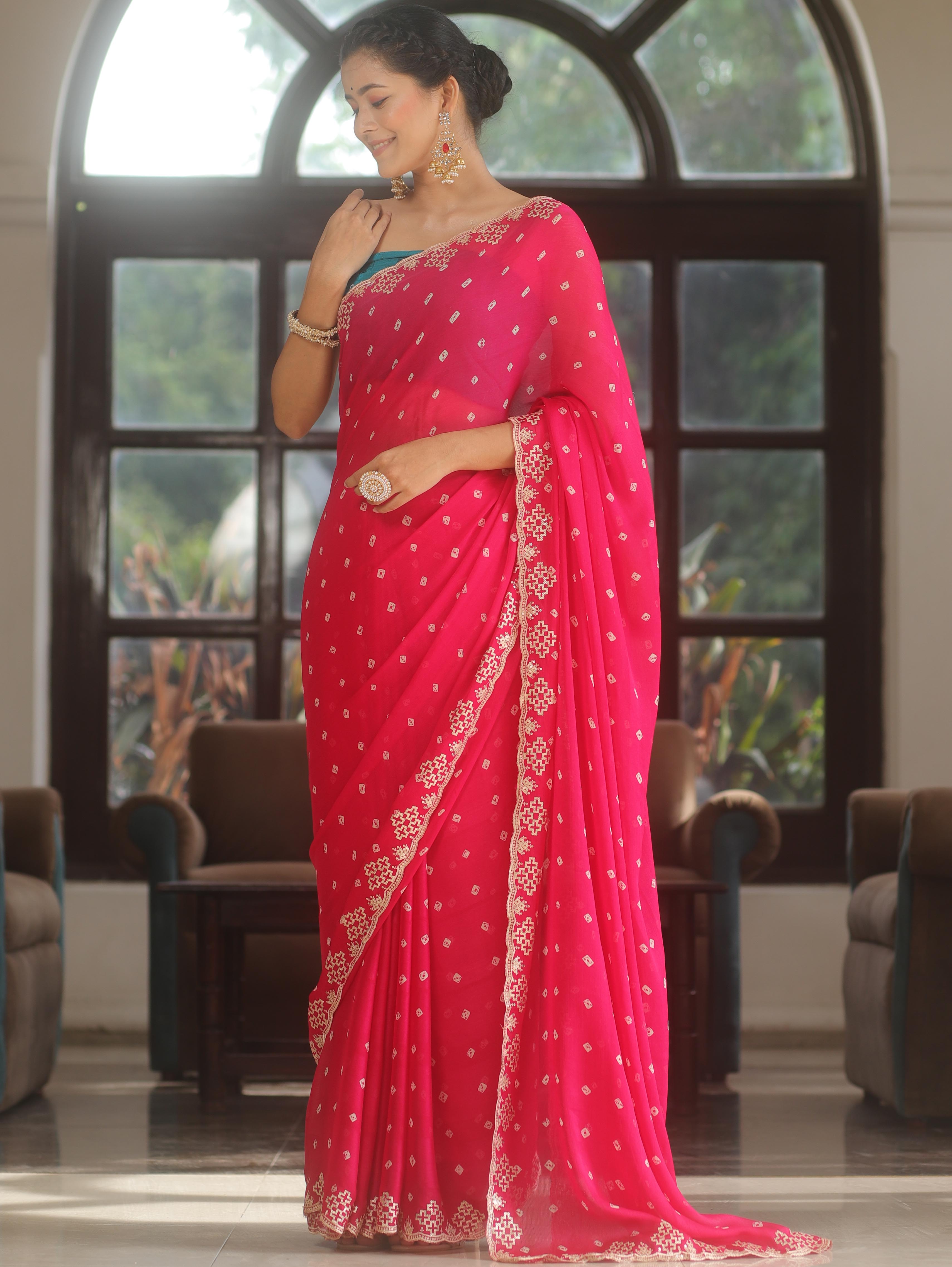 Banarasee Chiffon Saree Sequins Work With Contrast Blouse-Pink