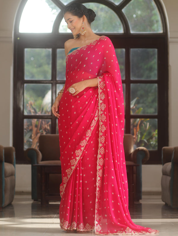 Banarasee Chiffon Saree Sequins Work With Contrast Blouse-Pink