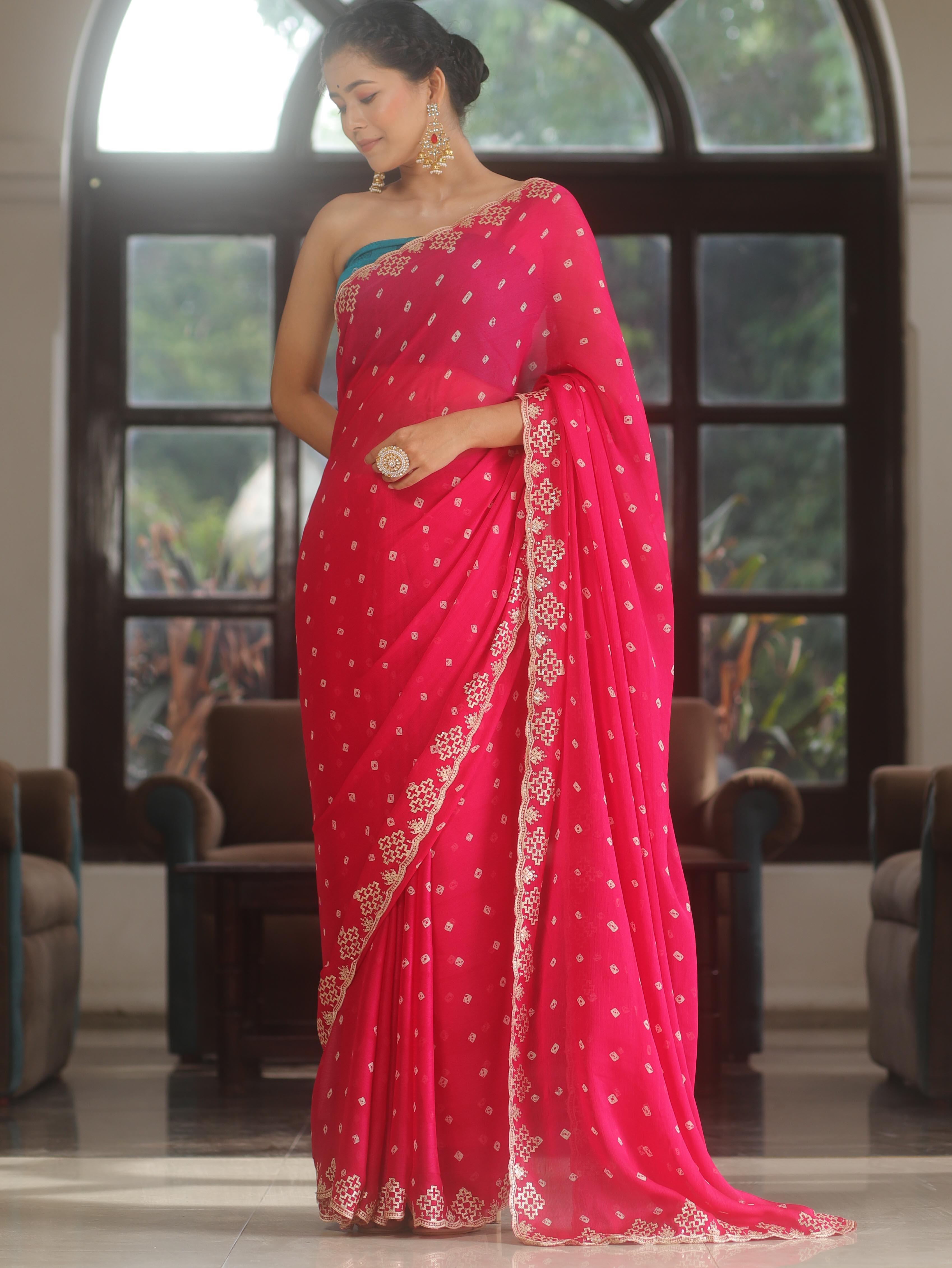 Banarasee Chiffon Saree Sequins Work With Contrast Blouse-Pink