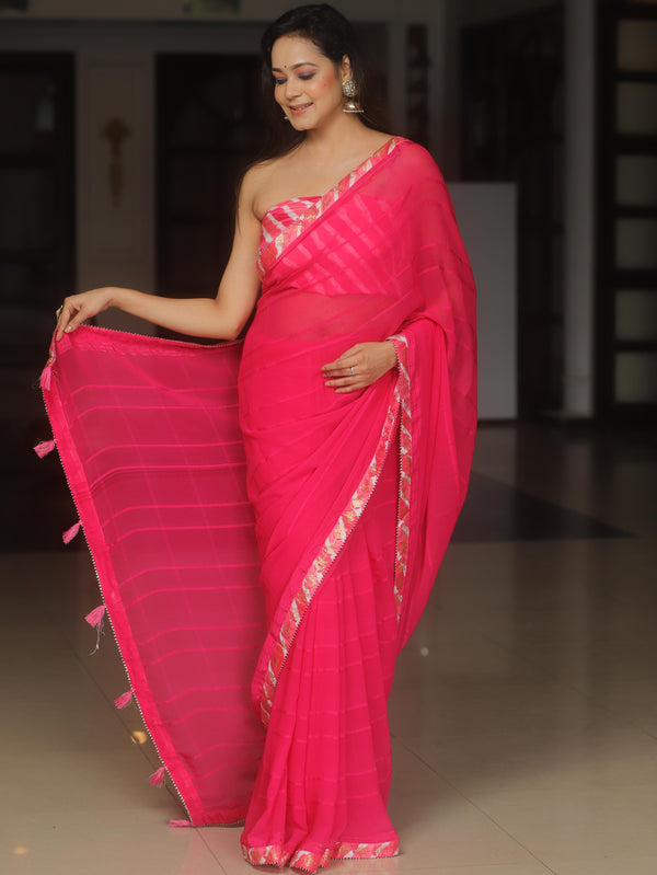 Banarasee Chiffon Saree With Contrast Blouse-Pink