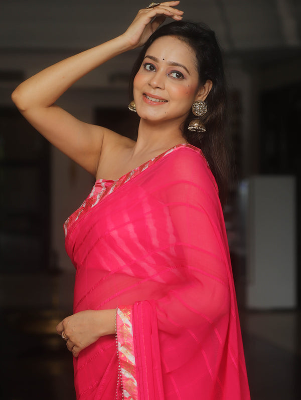 Banarasee Chiffon Saree With Contrast Blouse-Pink