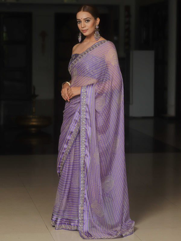 Banarasee Georgette Embroidered With Bandhani Print Saree-Lavender