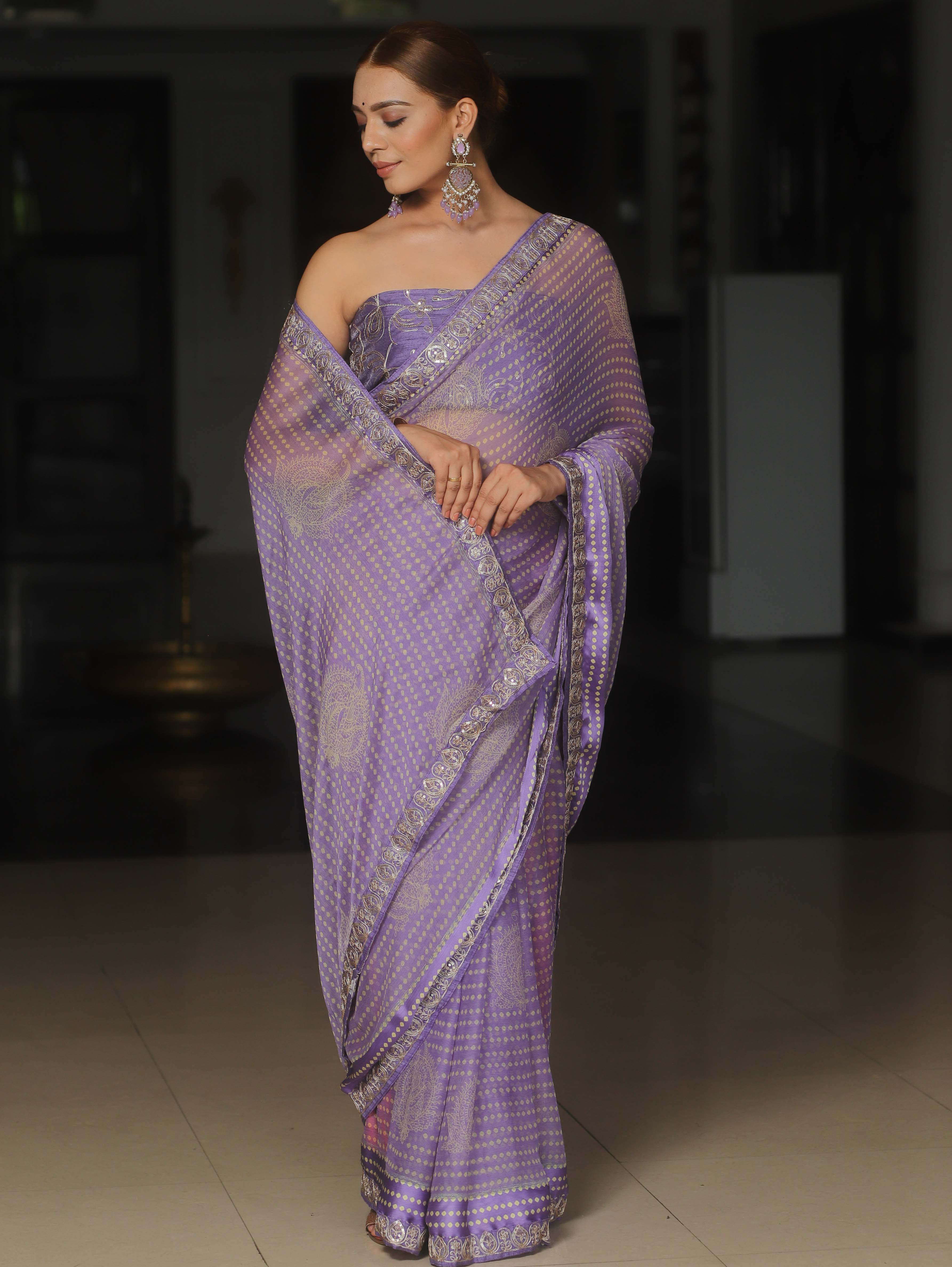 Banarasee Georgette Embroidered With Bandhani Print Saree-Lavender