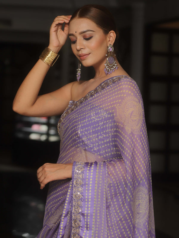 Banarasee Georgette Embroidered With Bandhani Print Saree-Lavender