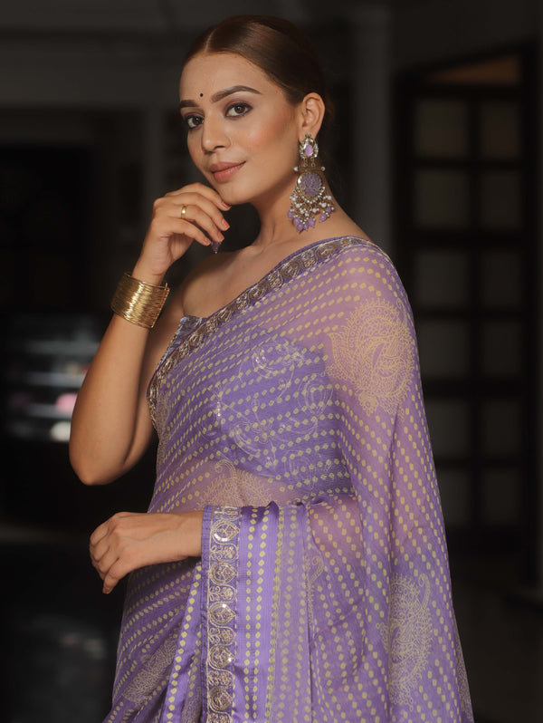 Banarasee Georgette Embroidered With Bandhani Print Saree-Lavender