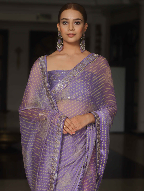 Banarasee Georgette Embroidered With Bandhani Print Saree-Lavender