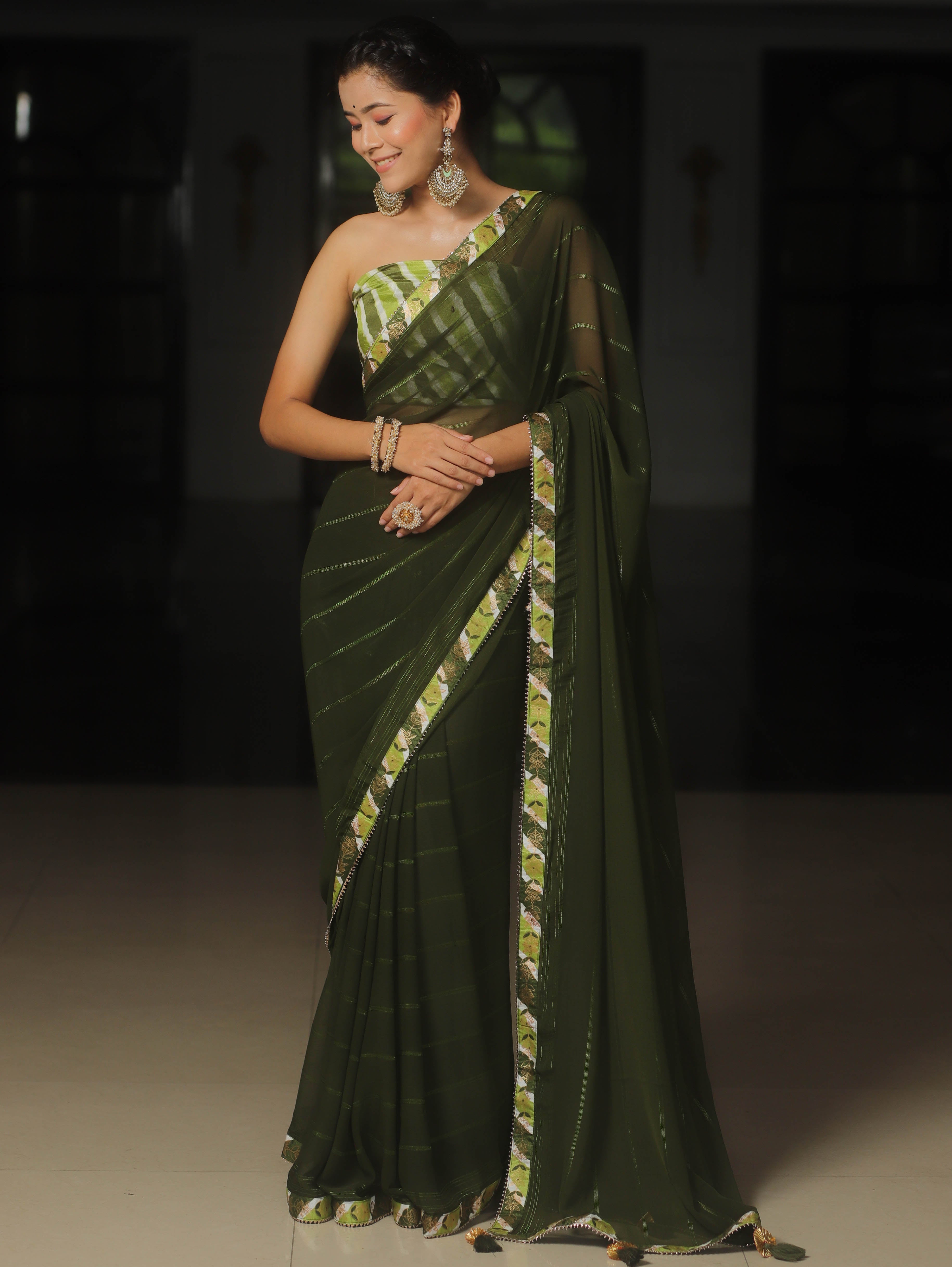 Banarasee Chiffon Saree With Contrast Blouse-Moss Green