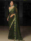 Banarasee Chiffon Saree With Contrast Blouse-Moss Green