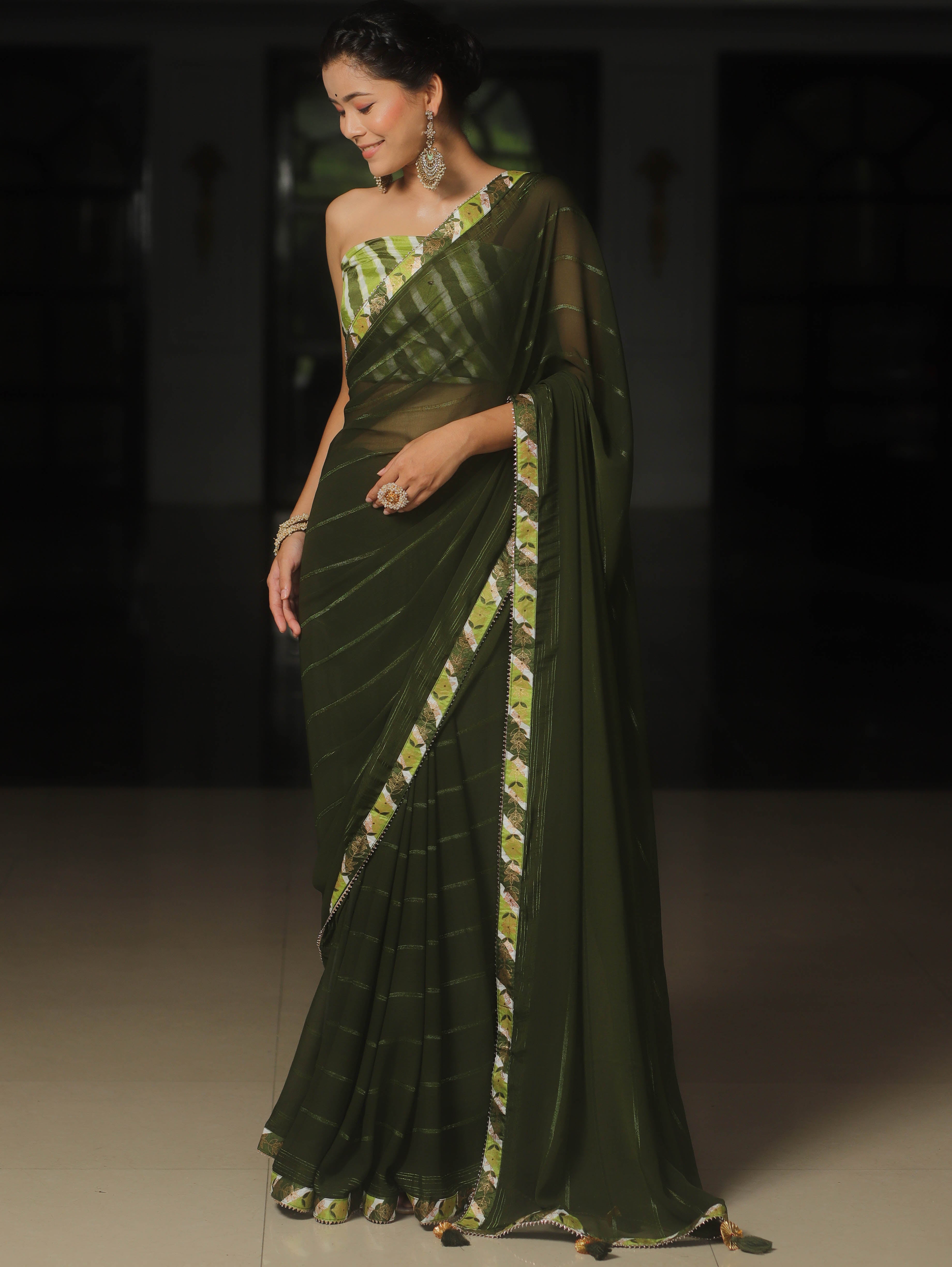 Banarasee Chiffon Saree With Contrast Blouse-Moss Green