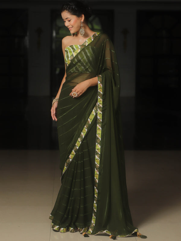 Banarasee Chiffon Saree With Contrast Blouse-Moss Green