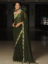 Banarasee Chiffon Saree With Contrast Blouse-Moss Green