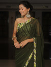 Banarasee Chiffon Saree With Contrast Blouse-Moss Green