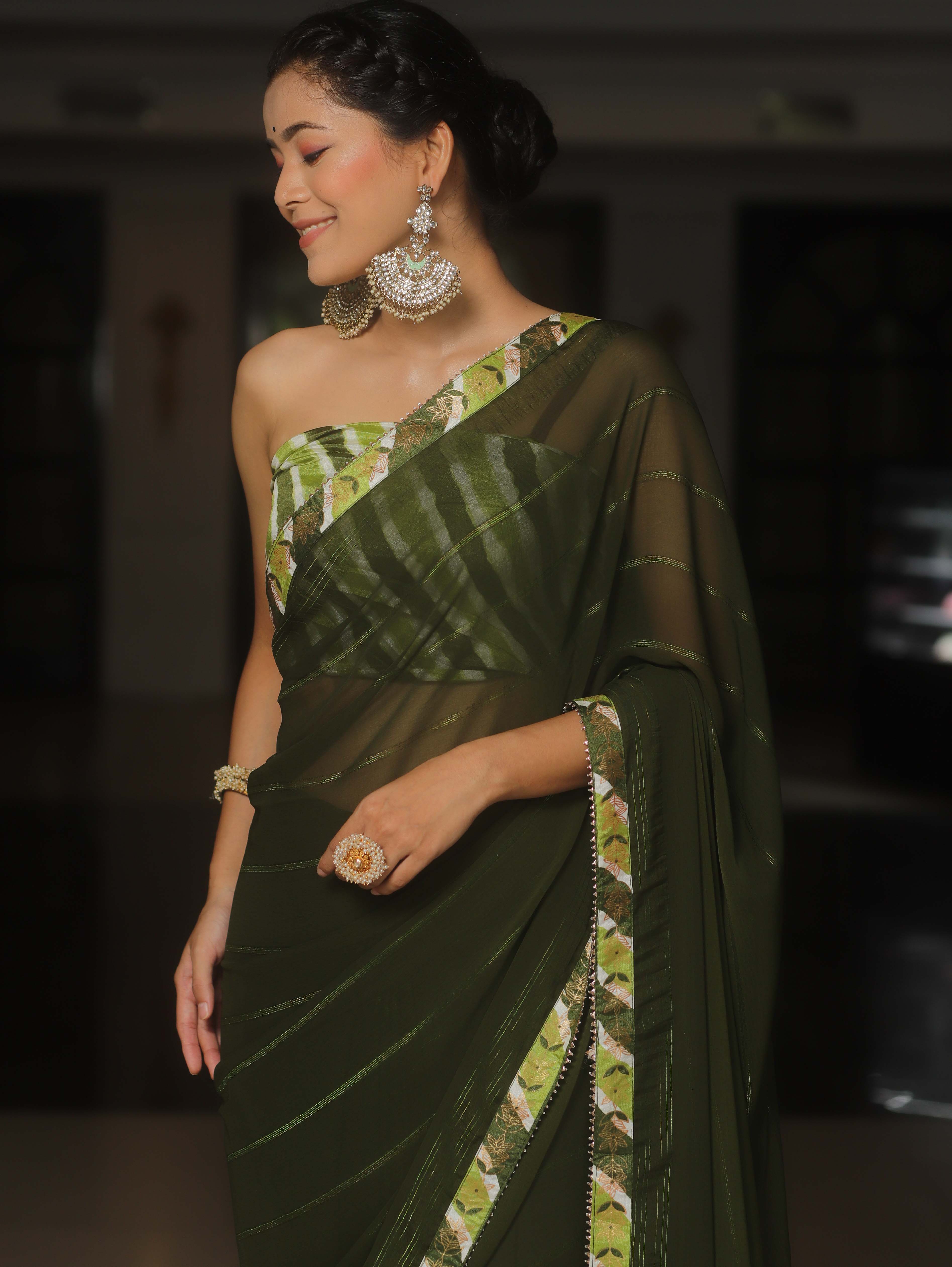 Banarasee Chiffon Saree With Contrast Blouse-Moss Green