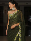 Banarasee Chiffon Saree With Contrast Blouse-Moss Green