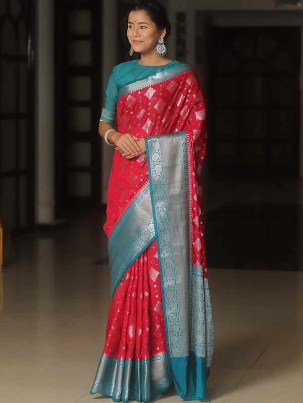 Banarasee Chiniya Katan Zari Buta & Contrast Border Saree-Red & Teal Blue