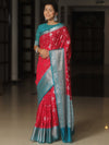 Banarasee Chiniya Katan Zari Buta & Contrast Border Saree-Red & Teal Blue