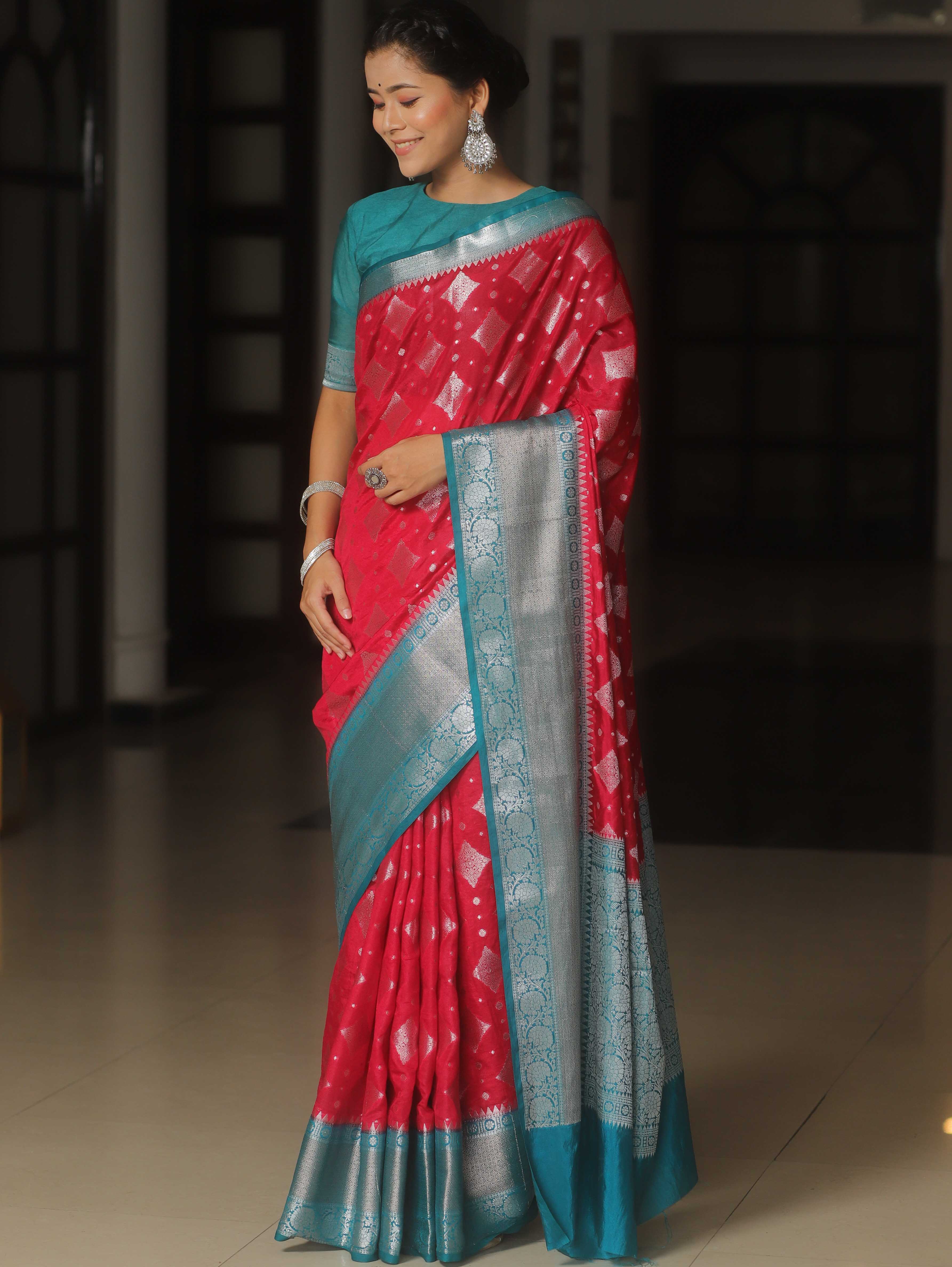 Banarasee Chiniya Katan Zari Buta & Contrast Border Saree-Red & Teal Blue