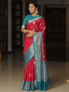 Banarasee Chiniya Katan Zari Buta & Contrast Border Saree-Red & Teal Blue