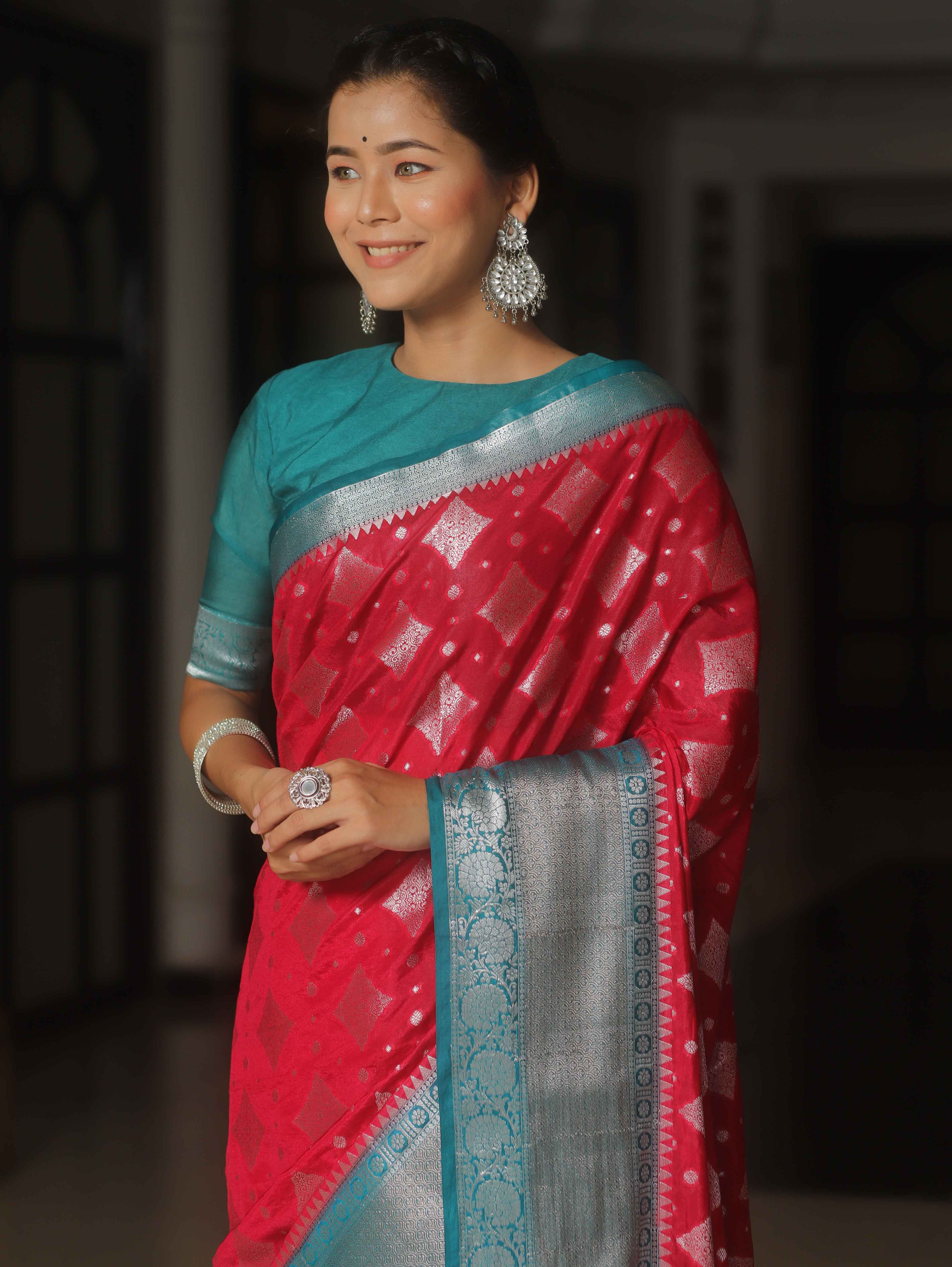 Banarasee Chiniya Katan Zari Buta & Contrast Border Saree-Red & Teal Blue