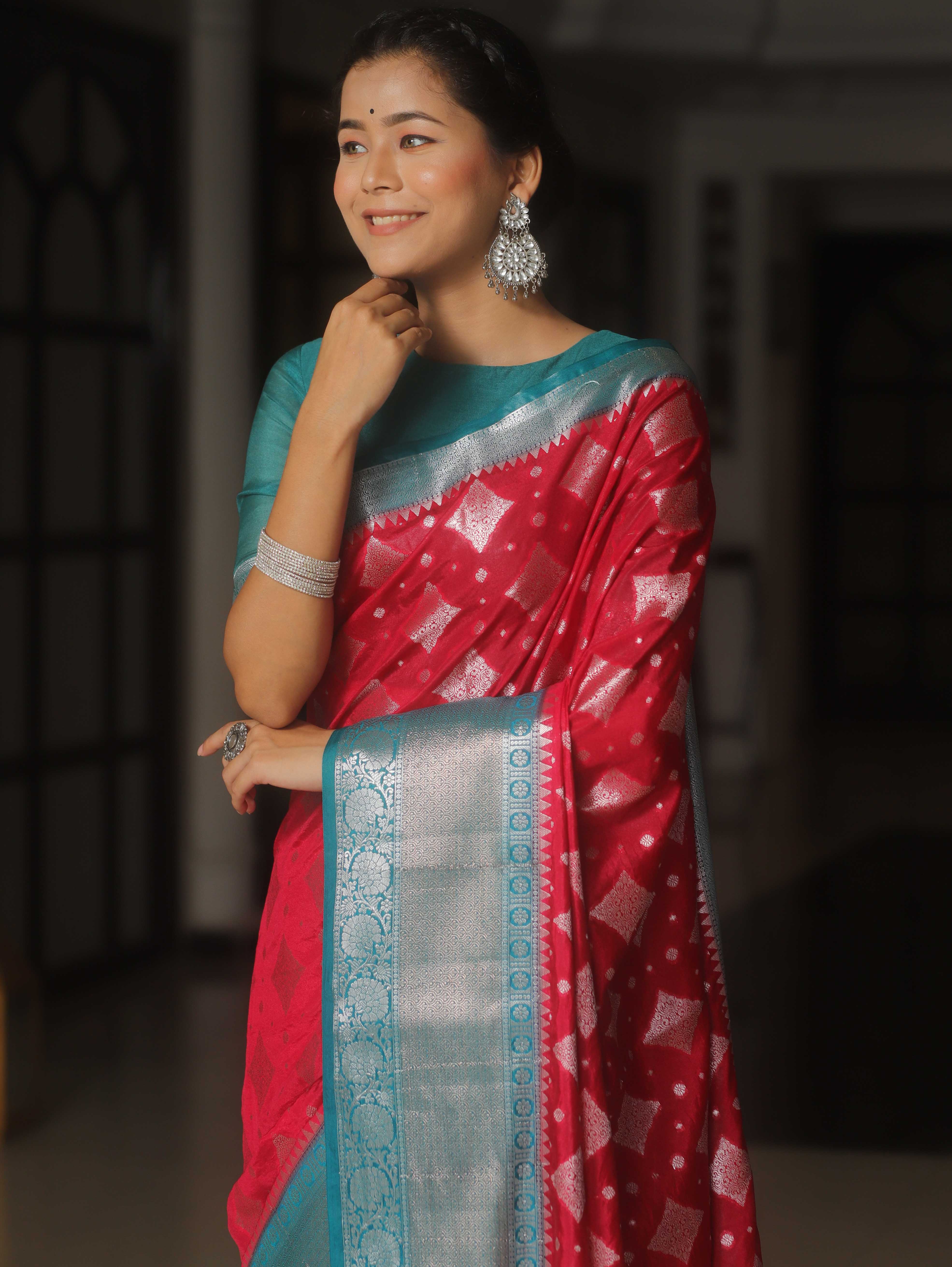 Banarasee Chiniya Katan Zari Buta & Contrast Border Saree-Red & Teal Blue