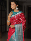 Banarasee Chiniya Katan Zari Buta & Contrast Border Saree-Red & Teal Blue