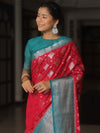 Banarasee Chiniya Katan Zari Buta & Contrast Border Saree-Red & Teal Blue