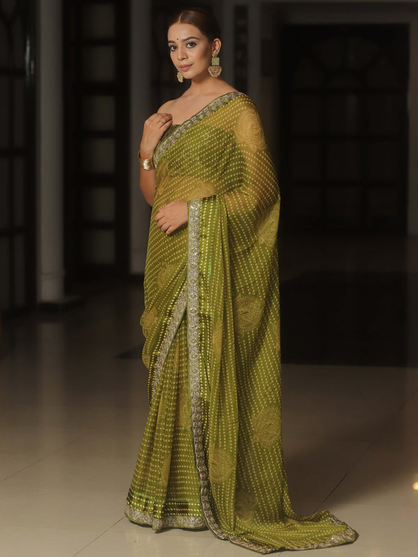 Banarasee Georgette Embroidered With Bandhani Print Saree-Olive Green