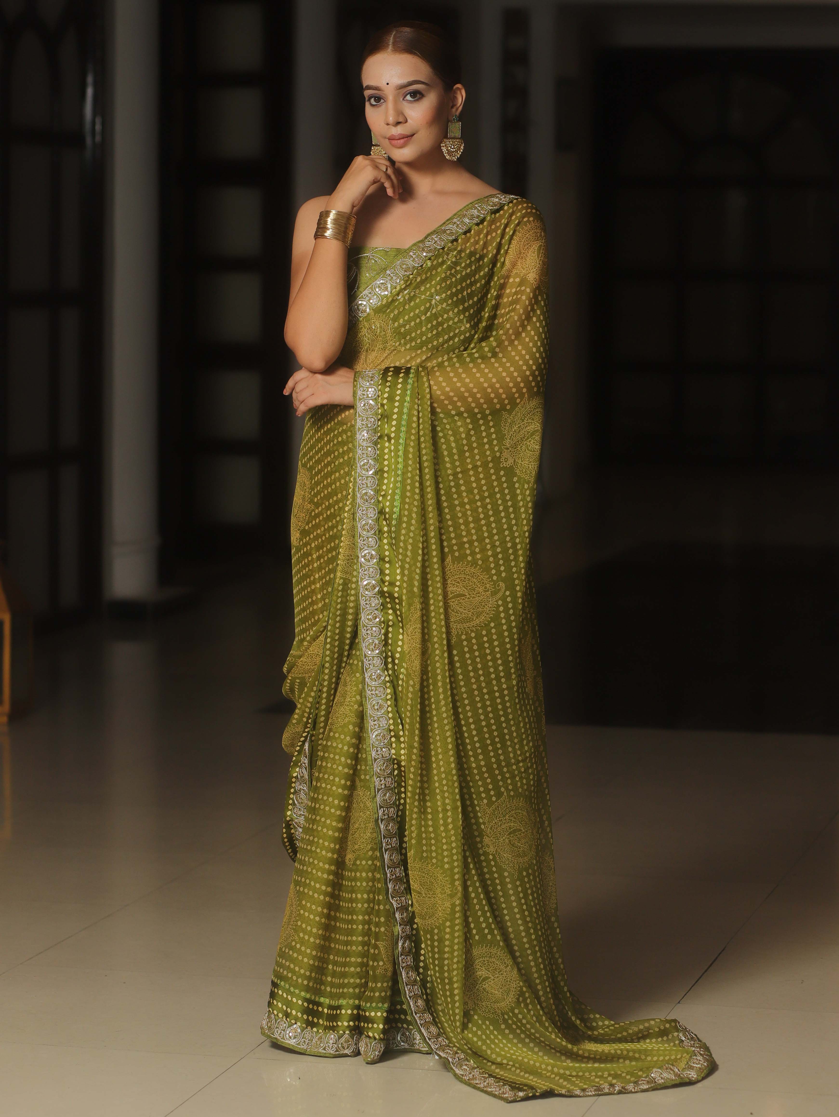 Banarasee Georgette Embroidered With Bandhani Print Saree-Olive Green