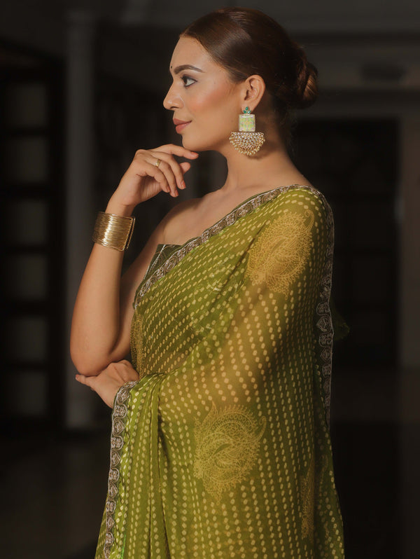 Banarasee Georgette Embroidered With Bandhani Print Saree-Olive Green