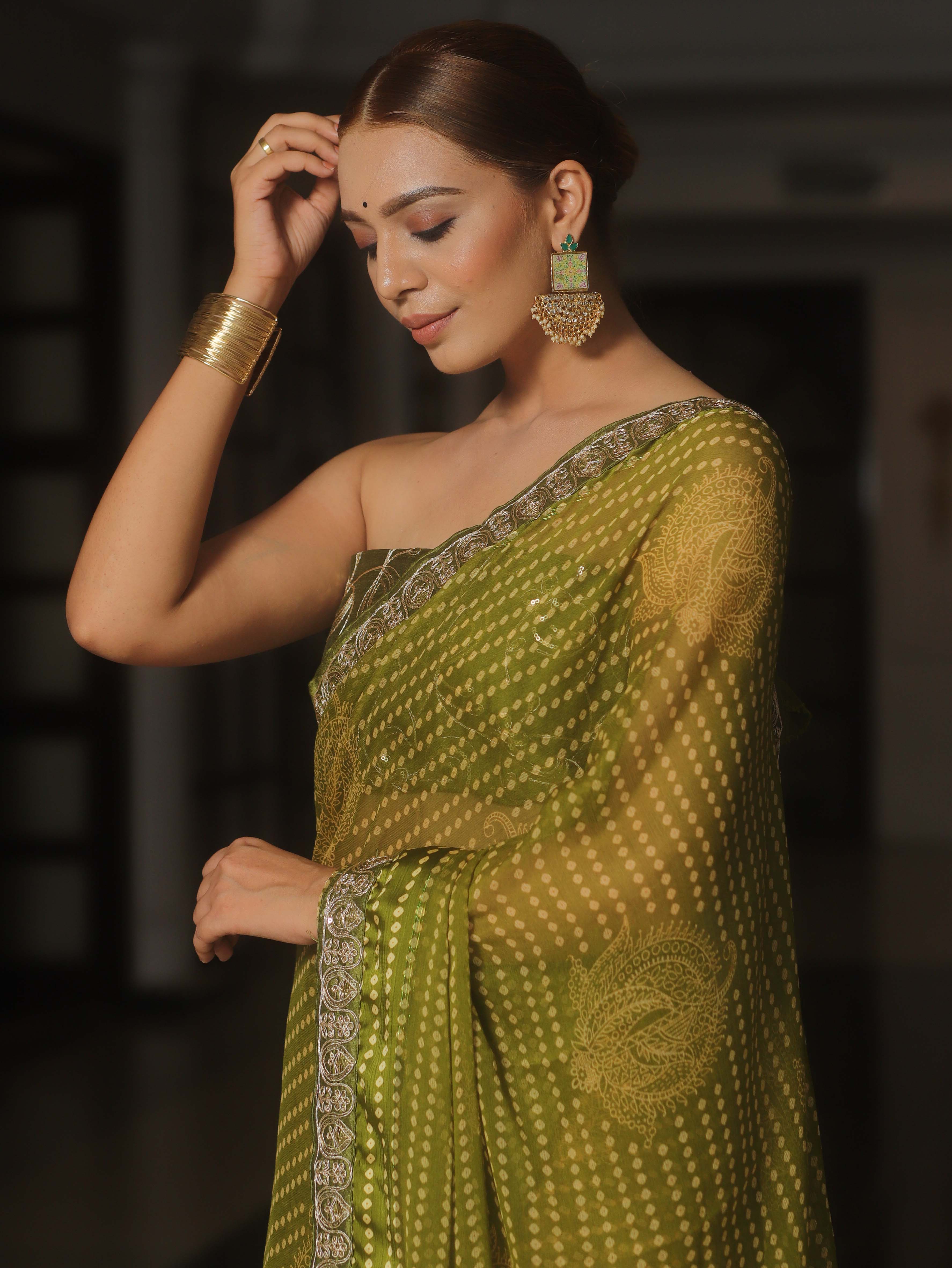 Banarasee Georgette Embroidered With Bandhani Print Saree-Olive Green