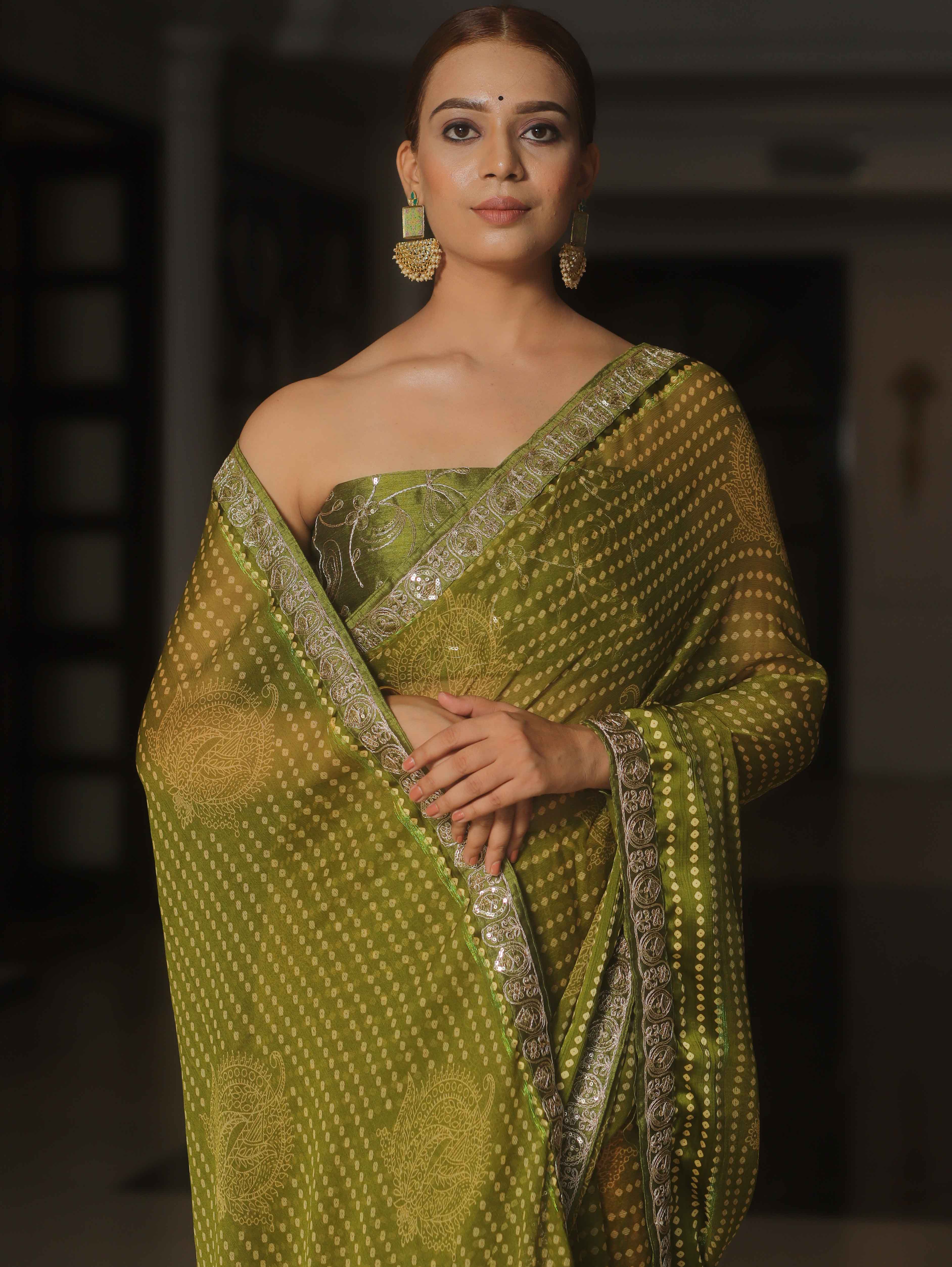 Banarasee Georgette Embroidered With Bandhani Print Saree-Olive Green