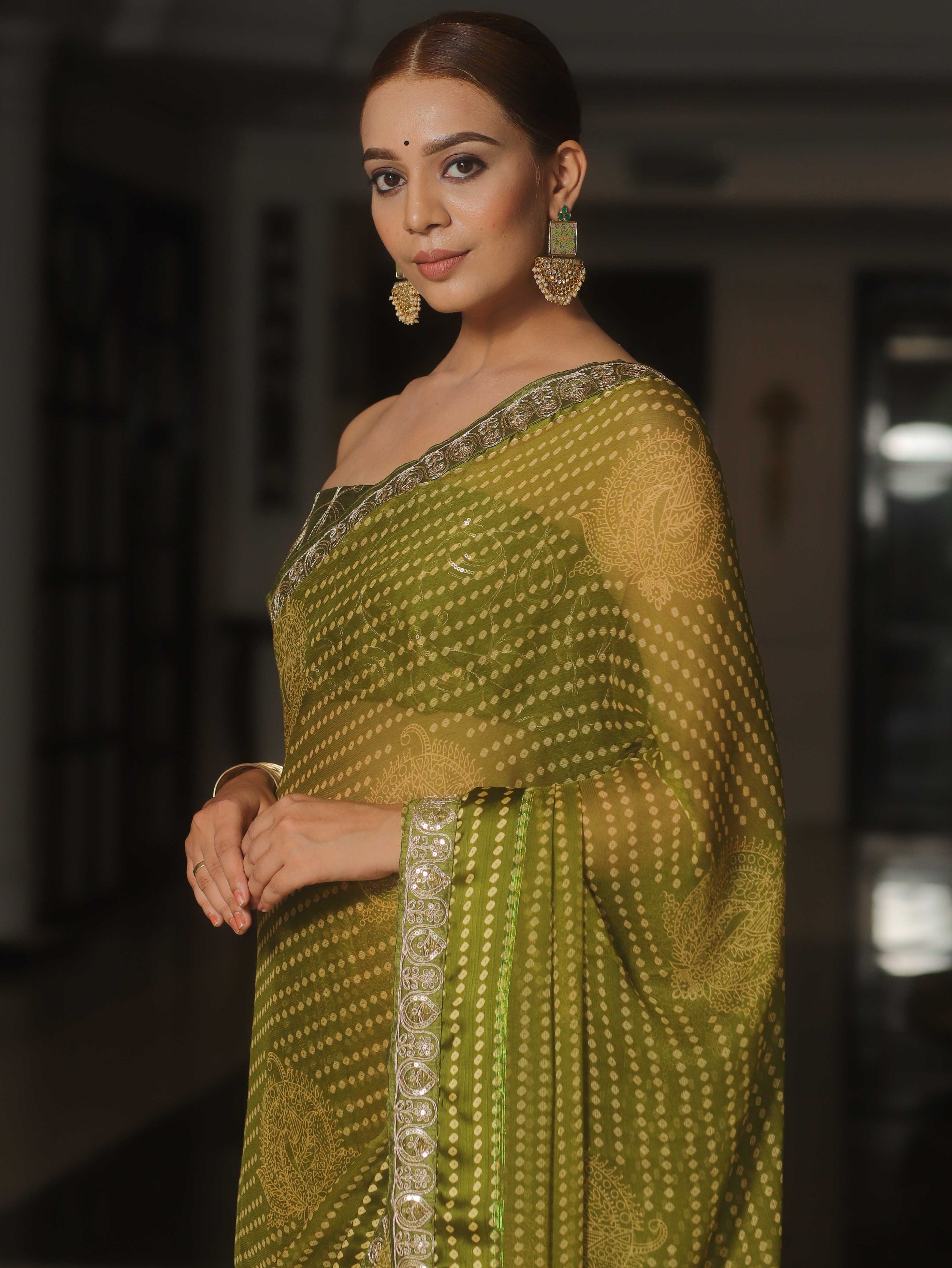 Banarasee Georgette Embroidered With Bandhani Print Saree-Olive Green